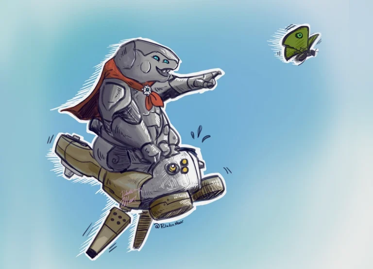 A cartoon elephant, donning a red cape like a whimsical paladin, rides a wooden horse and points at a green butterfly against a blue backdrop.