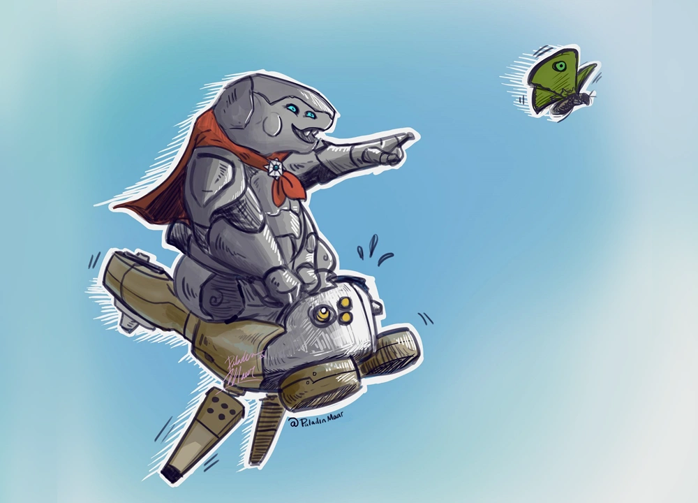 A cartoon elephant, donning a red cape like a whimsical paladin, rides a wooden horse and points at a green butterfly against a blue backdrop.