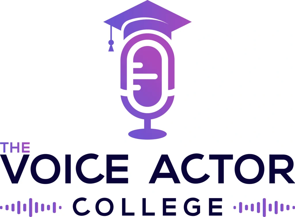 Logo of a purple microphone wearing a graduation cap. Text reads "The Voice Actor College," emphasizing skilled vocal talents.