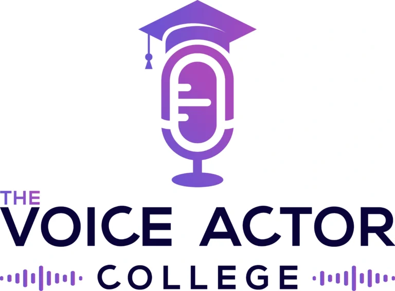 Logo of a purple microphone wearing a graduation cap. Text reads "The Voice Actor College," emphasizing skilled vocal talents.