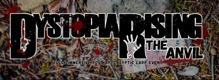 Grunge-style banner for "Dystopia Rising: The Anvil," a post-apocalyptic LARP event featuring gritty blood splatter effects.