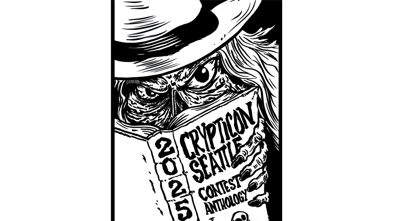 Black and white drawing of a sinister figure in a hat holding a book titled "Crypticon Seattle 2025 Contest Anthology.