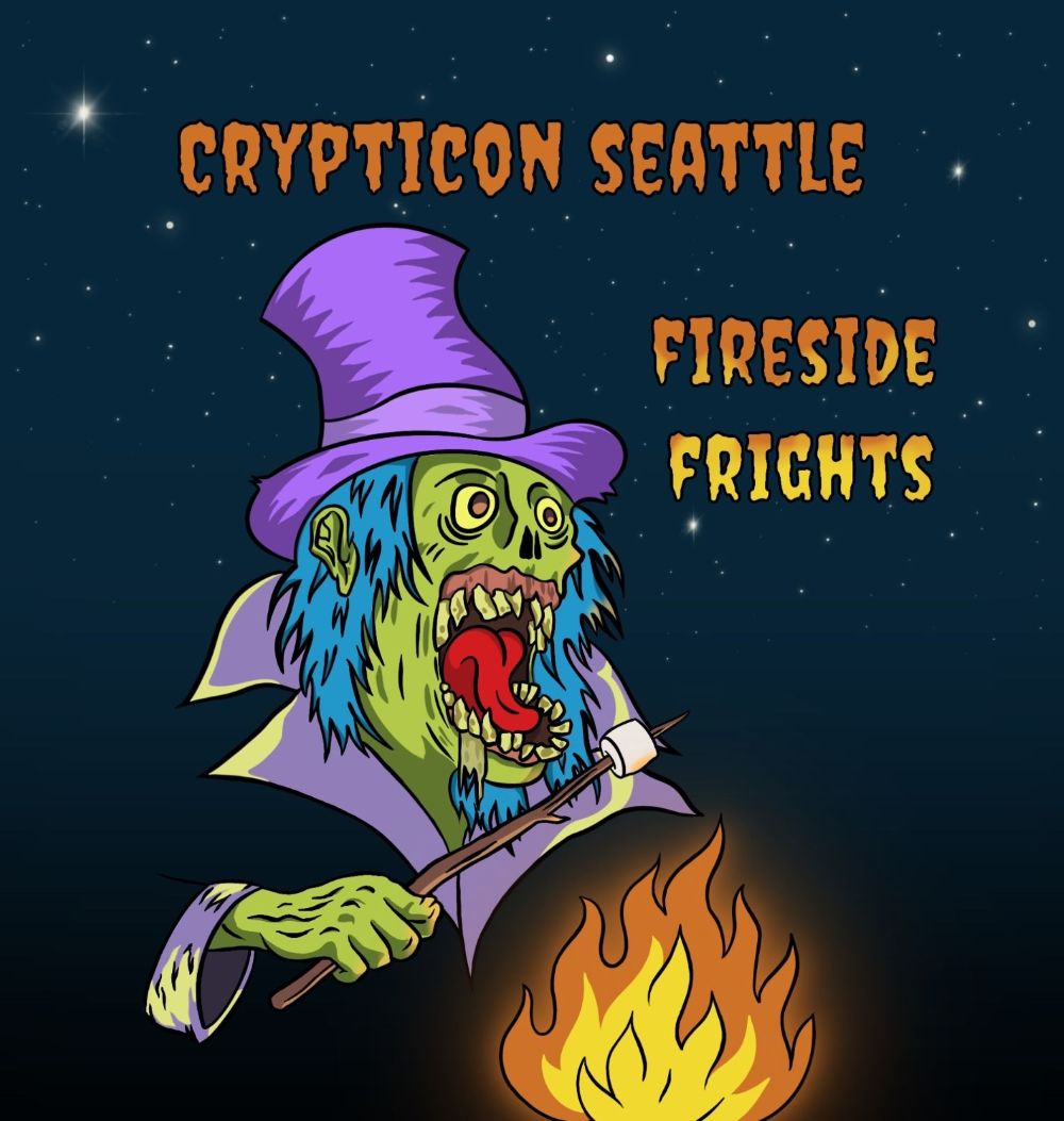 Cartoon zombie in a purple hat roasting a marshmallow over a fire, with text: "Crypticon Seattle Fireside Frights & chilling stories.