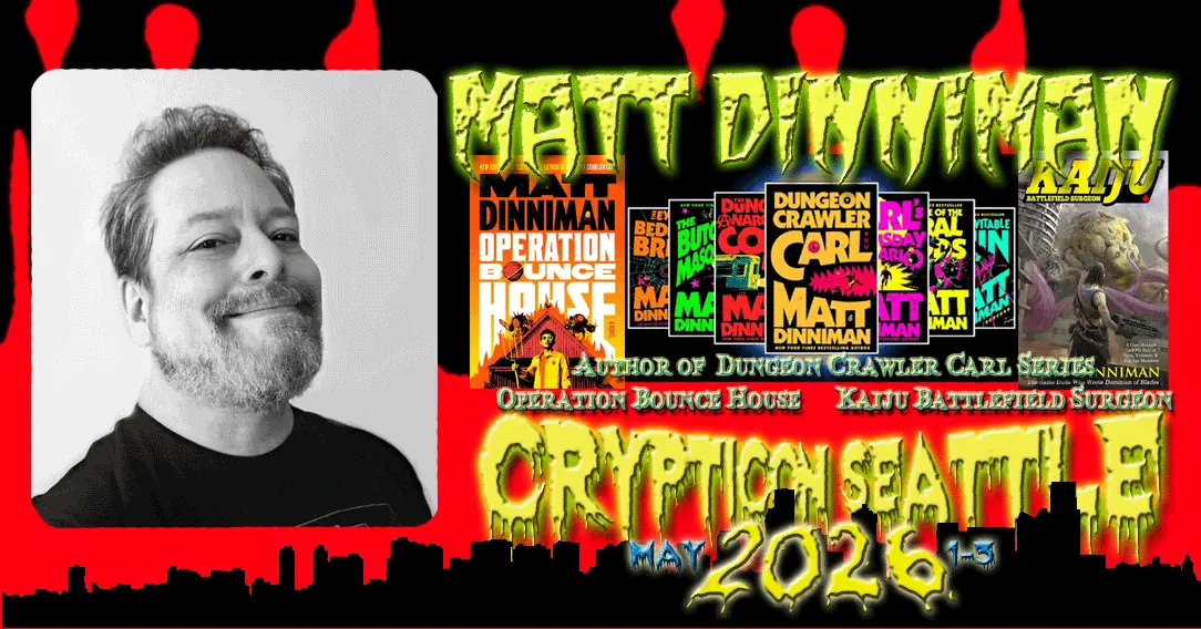 Black and white photo of a smiling man with colorful event and book graphics, text reads "Crypticon Seattle 2026.