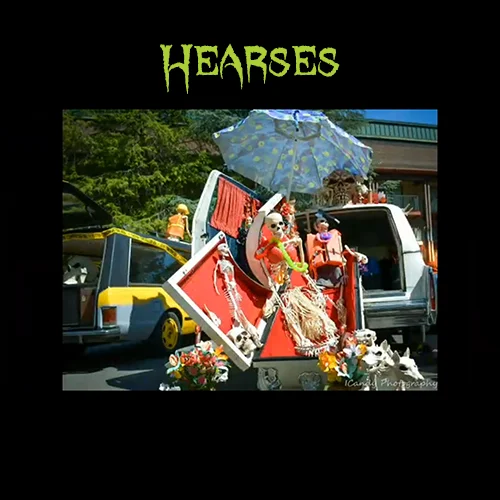 Skeletons dressed in costumes sit in a decorated coffin outside a hearse, with "HEARSES" above them.