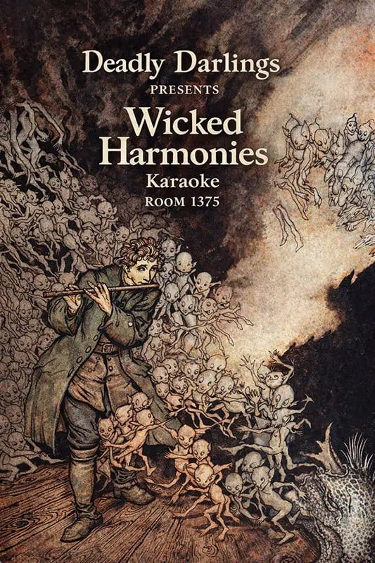 A frightened man faces a swarm of small, eerie creatures beneath the text: "Wicked Harmonies Karaoke.