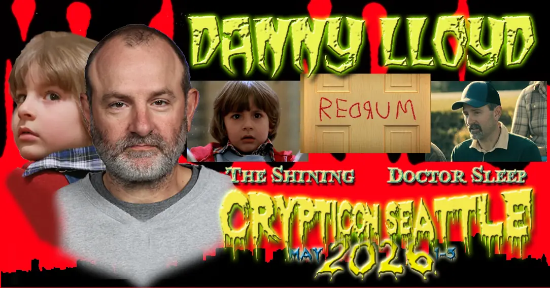 Collage of Danny Lloyd with scenes from The Shining, event text: "Crypticon Seattle 2026.