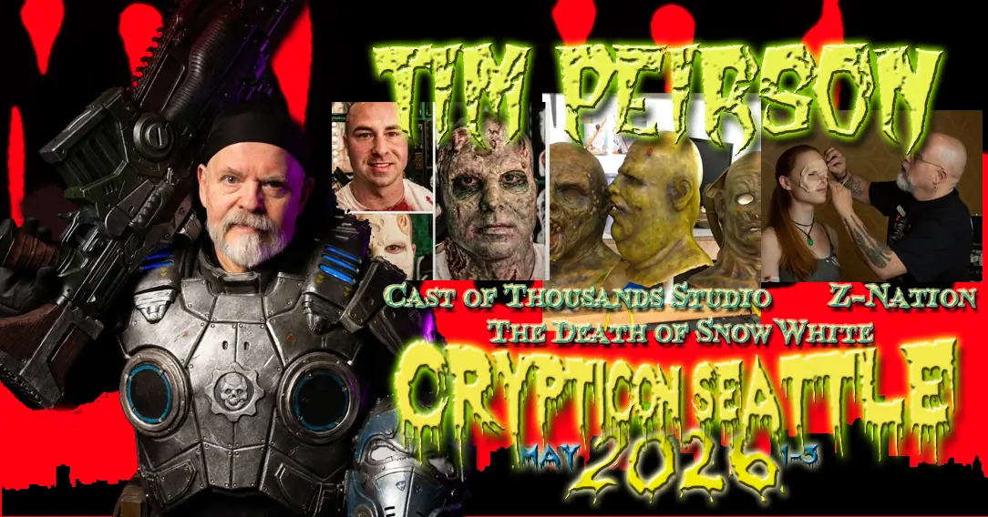 Man in sci-fi armor with zombie makeup photos; text promotes Tim Pierson at Crypticon Seattle May 2026.