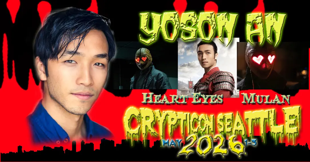 Yoson An with three character images; text: "Heart Eyes Mulan, Crypticon Seattle May 2026".