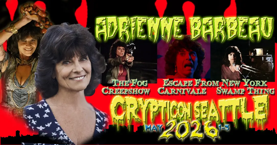 Adrienne Barbeau with horror film scenes, text: Crypticon Seattle May 2026, her movie titles listed above.