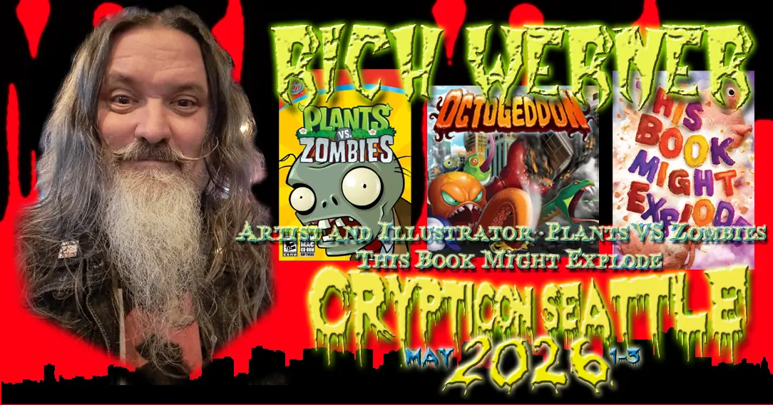 A bearded man with long hair next to book covers and event text for Crypticon Seattle May 2026.