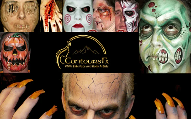 Collage of elaborate Halloween face paint designs including zombies, monsters, and a pumpkin head, with logo at center.
