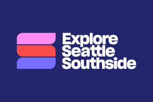 Logo with pink and red shapes and the text "Explore Seattle Southside" on a dark blue background.