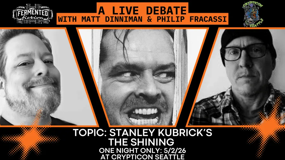 Debate poster with photos of two men and Jack Nicholson from The Shining; event details at bottom.
