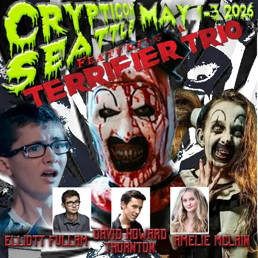 Horror event poster with creepy clowns plus photos of Elliott Fullam, David Howard Thornton, and a Terrifier Interview highlight.