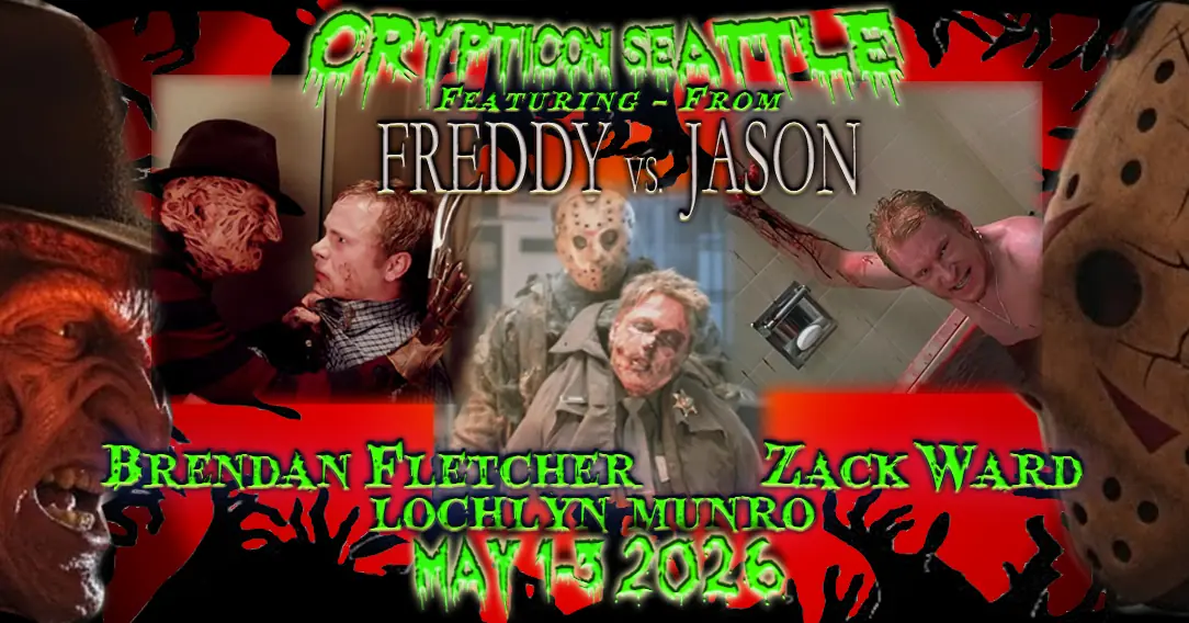 Horror event poster featuring Freddy v. Jason, Lochlyn Munro, film icons & event details for May 4-5, 2024 in Seattle.