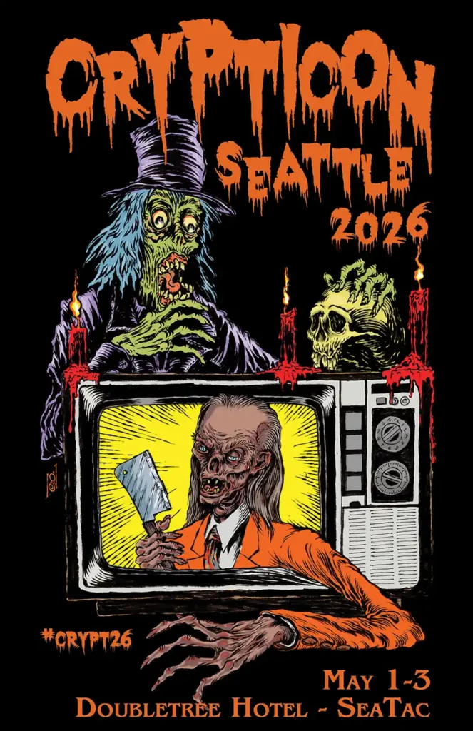 2026 Crypticon Seattle program cover. The Creep is shocked by the Cryptkeeper on TV.
