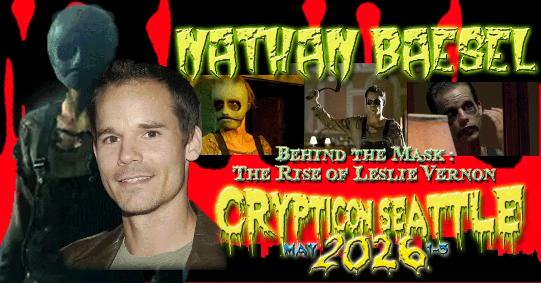 Actor with horror scenes and "Nathan Baesel, Behind the Mask, Crypticon Seattle, May 2026" in creepy lettering.