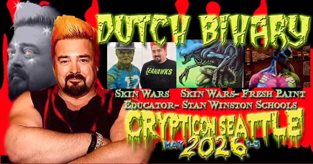 Promotional image for Dutch Bihary at Crypticon Seattle 2026, featuring portraits and fantasy artwork.