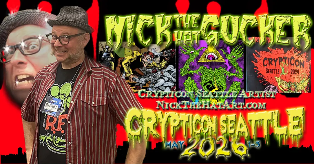 A man in a striped shirt and hat stands by horror art, with "Crypticon Seattle 2026" text in green slime font.