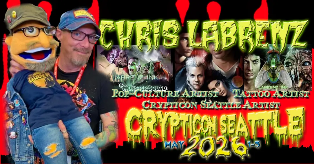 A man holds a puppet in front of a colorful poster for artist Chris Labrenz at Crypticon Seattle 2026.