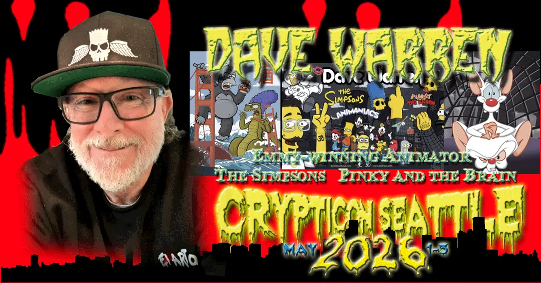Portrait of Dave Warren with event info, Simpsons characters, and text for Crypticon Seattle, May 2026.