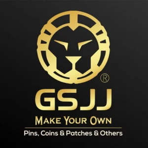 Gold lion head logo above "GSJJ Make Your Own Pins, Coins & Patches & Others" on a black background.