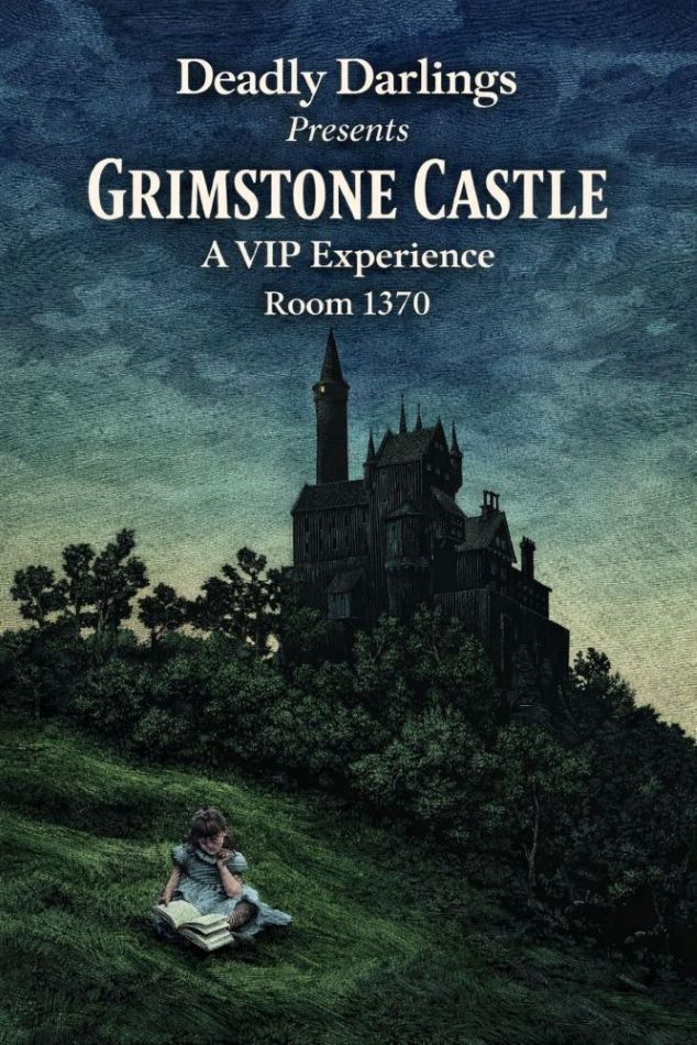 Illustration of a child reading on grass with a dark castle in the background, text about Grimstone Castle event.