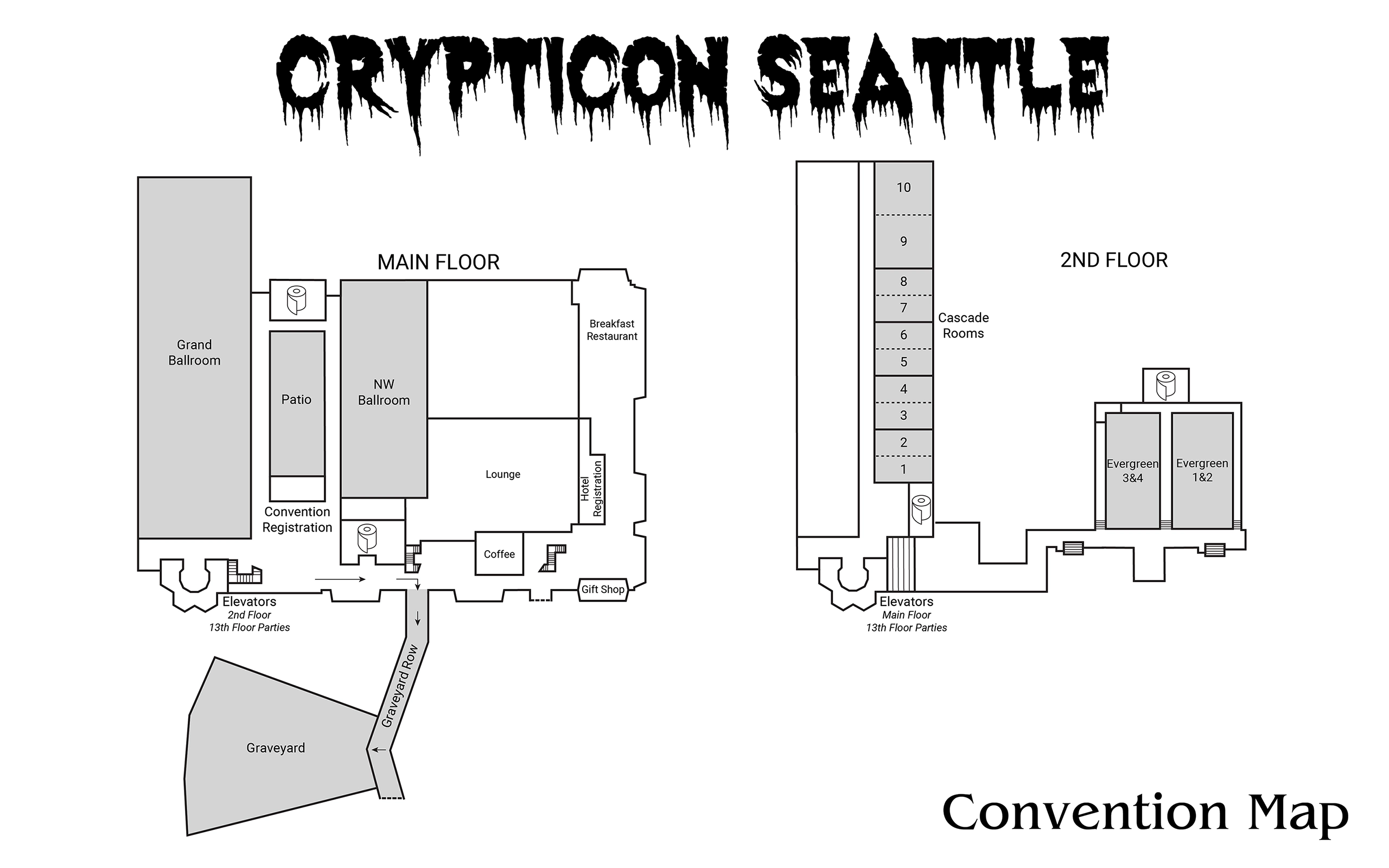 Black and white floor map for Crypticon Seattle showing main and second floor room locations.