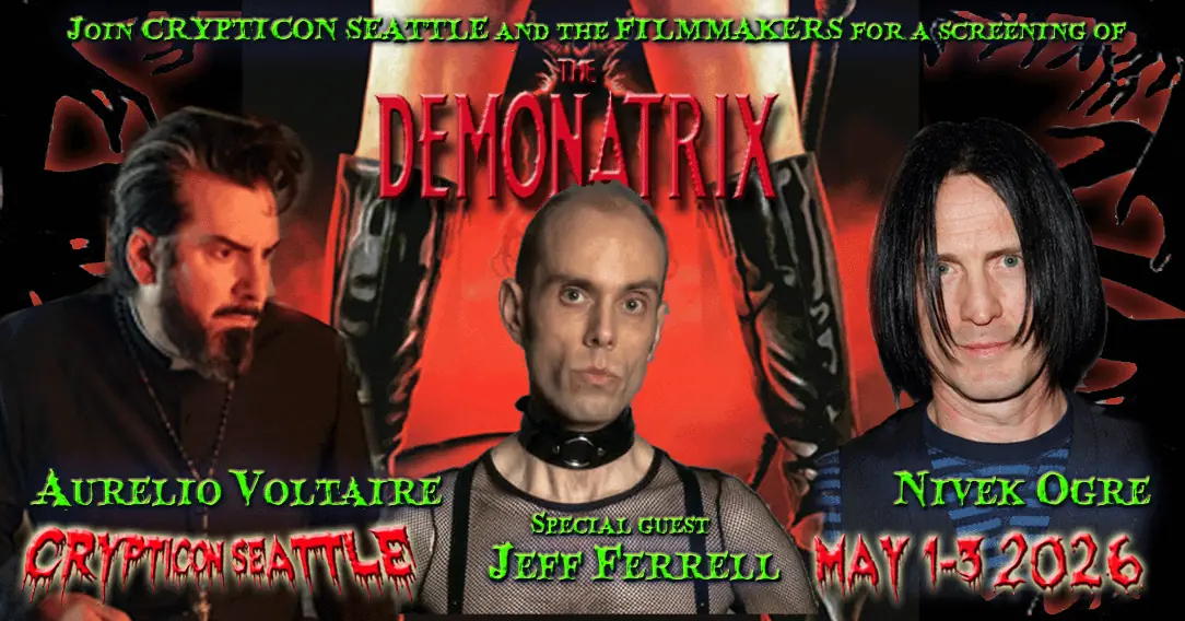 Three guests pose for "The Demonatrix" screening promo: Aurelio Voltaire, Jeff Ferrell, and Nivek Ogre.