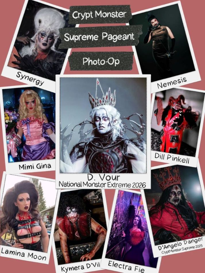 A collage of eight costumed performers in dramatic monster drag makeup at the Supreme Pageant—a true Crypt Monster photo op!.