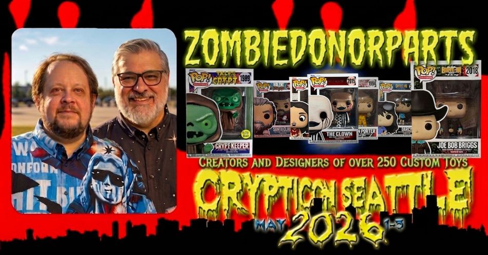 Two men smiling beside a display of custom Funko Pop toys with bold text promoting Cryptic Death 3 in May 2026.