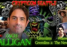 Crypticon Seattle's promotional banner showcases actor Zach Galligan, celebrated for his roles in "Gremlins" and "Gremlins 2: The New Batch," set against a backdrop of movie-themed graphics.
