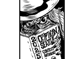 2025 Book Cover Event 2 Black and white drawing of a sinister figure in a hat holding a book titled "Crypticon Seattle 2025 Contest Anthology.