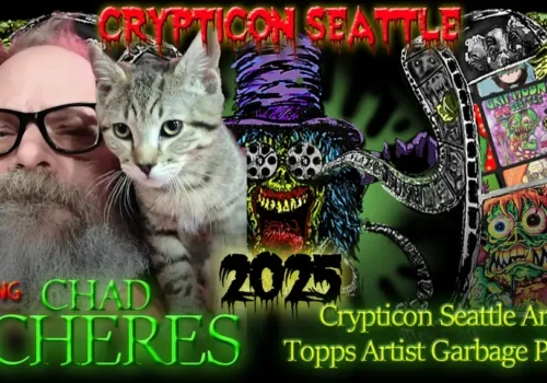 Colorful Crypticon Seattle 2025 poster featuring a man with a cat, an illustrated creature, and artistic graphics.