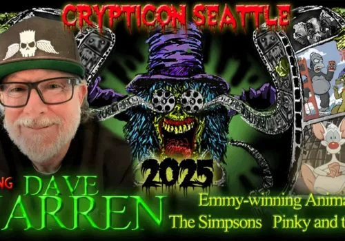 Crypticon Seattle 2025 poster with a spooky theme, featuring animator Dave Warren and cartoon images.