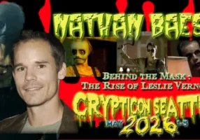 Actor with horror scenes and "Nathan Baesel, Behind the Mask, Crypticon Seattle, May 2026" in creepy lettering.