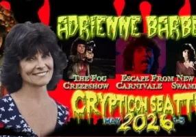Adrienne Barbeau with horror film scenes, text: Crypticon Seattle May 2026, her movie titles listed above.
