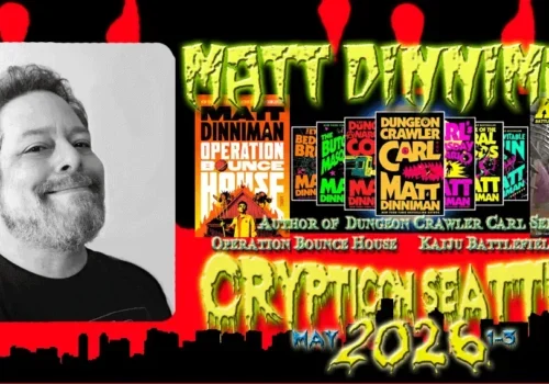 Black and white photo of a smiling man with colorful event and book graphics, text reads "Crypticon Seattle 2026.