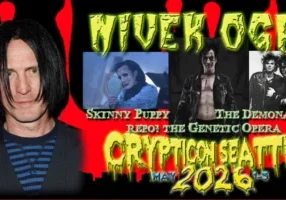 Man with black hair and goth makeup, event promo for "Nivek Ogre" at Crypticon Seattle, May 2026.