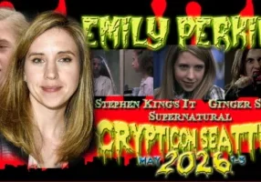 Collage of Emily Perkins with text promoting her appearance at Crypticon Seattle in May 2026.