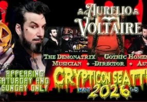 Musician Aurelio Voltaire holding a pumpkin, promoting his appearance at Crypticon Seattle, May 2026.