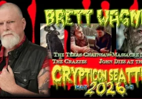 Promo image for Brett Wagner at Crypticon Seattle 2026, with movie stills and dripping neon text on a black background.