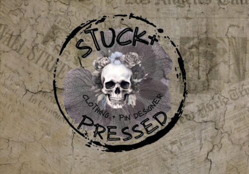 A skull with flowers and leaves, framed by "Stuck Pressed Clothing - Pin Designer" text on a grunge background.