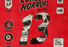This is a promotional poster for the 2024 BoneBat Comedy of Horrors Film Festival. It stands out with its red background and features a playful, cartoon-like skull. The skull's eyes are designed to look like film reels, adding a creative twist. All the necessary event details are also provided on this engaging poster.