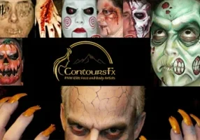 Collage of elaborate Halloween face paint designs including zombies, monsters, and a pumpkin head, with logo at center.