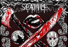 This is a promotional poster for the 2024 Camp Crypticon Seattle writing contest anthology. The design showcases a pair of crossed axes, an aflame skull, and various gothic themes set against a dark backdrop.