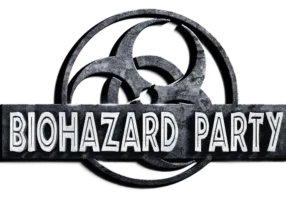 This is a metallic badge showcasing the phrase "biohazard party" along with an emblem of the biohazard symbol.