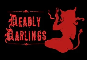 A red silhouette of a sinister figure is depicted taking a selfie, overlaid with the stylized phrase "deadly darlings", all set against a backdrop echoing a haunted house.
