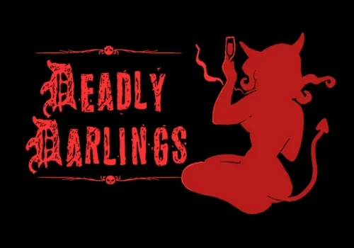 A red silhouette of a sinister figure is depicted taking a selfie, overlaid with the stylized phrase "deadly darlings", all set against a backdrop echoing a haunted house.
